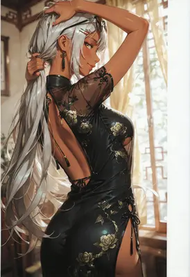 Elegant Silver Haired Beauty in Cheongsam