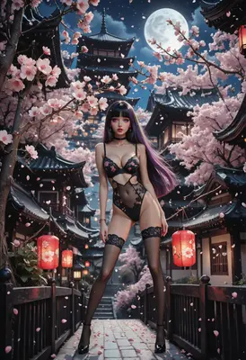 Midnight Sakura Beauty Under Full Moon