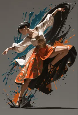 Graceful Dancer Amidst Vibrant Ink Splashes