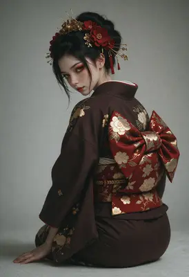 Elegant Geisha in Dark Floral Kimono