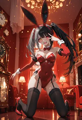 Red Bunny Girl in Elegant Parlor