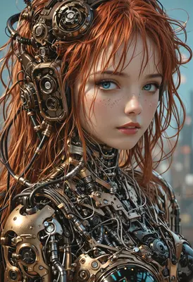 Redheaded Cyborg Girl With Intricate Gears
