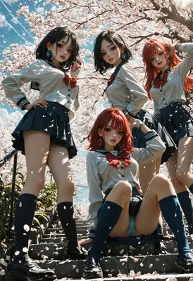Schoolgirls Under Blooming Cherry Blossom Trees