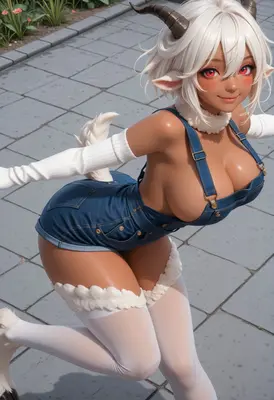Playful Goat Girl in Denim Overalls