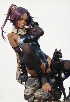 Sleek Warrior with Her Black Cat