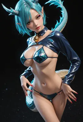 Blue Dragon Girl with Bell Collar