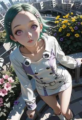 Green Haired Girl on City Balcony