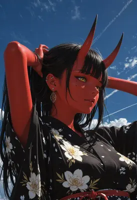 Red Oni Girl Under Blue Skies