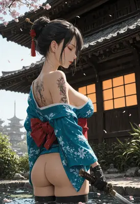 Tattooed Kunoichi in Traditional Garden