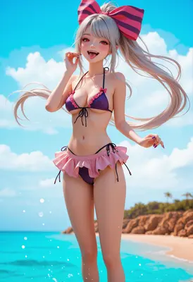 Playful Anime Girl at the Beach