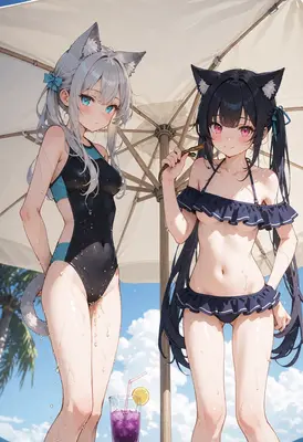Cat Girls Cooling Off Under Umbrella