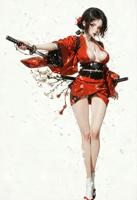 Samurai Maiden Amidst Falling Sakura