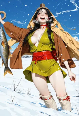 Joyful Winter Fisher in the Snow