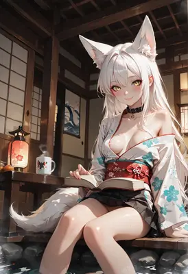 White Fox Girl Reading In Onsen