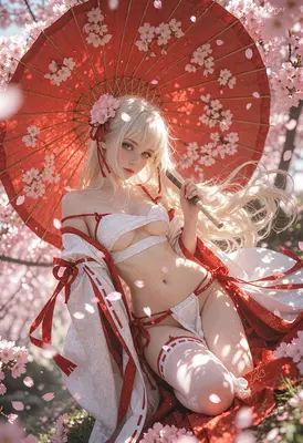 Blonde Maiden Under Red Cherry Blossoms