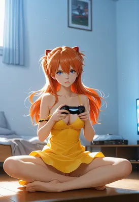 Asuka Gaming in a Yellow Dress