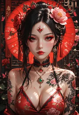Elegant Geisha with Floral Tattoos