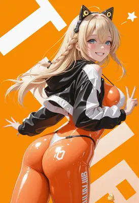 Cheerful Blonde Cat Girl in Orange