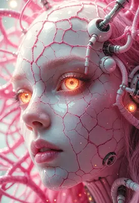 Cyborg Portrait with Glowing Neural Network