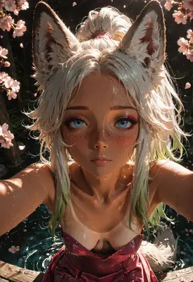 Fox Girl Amidst Falling Cherry Blossoms