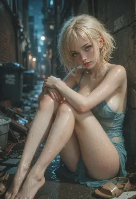 Rain Soaked Girl in Narrow Alley