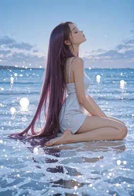 Serene Purple Haired Girl at Sea