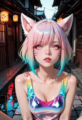 Neon Cat Girl in Rainy Alley