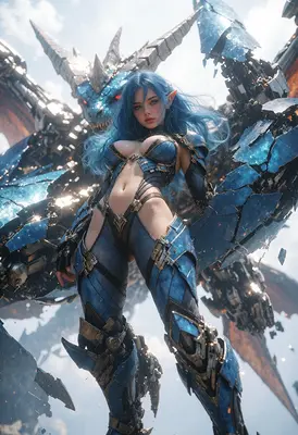 Blue Elf Warrior and Mechanical Dragon