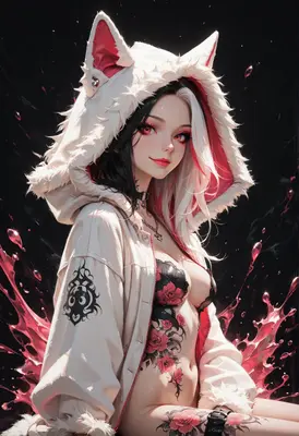 Anime Wolf Girl with Floral Tattoos