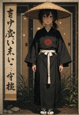 Young Traveler in Traditional Black Kimono