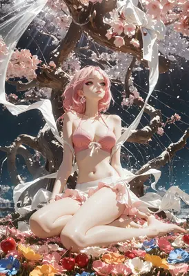 Pink Haired Beauty Under Cherry Blossoms