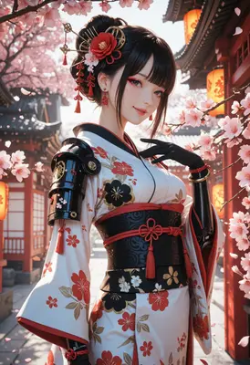 Elegant Samurai Maiden Amidst Cherry Blossoms