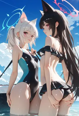 Cat Girl Duo at the Beach