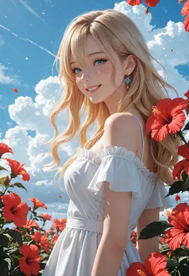 Radiant Blonde Girl Among Red Hibiscus