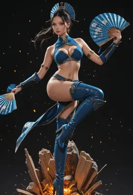 Blue Fan Warrior in Dynamic Pose