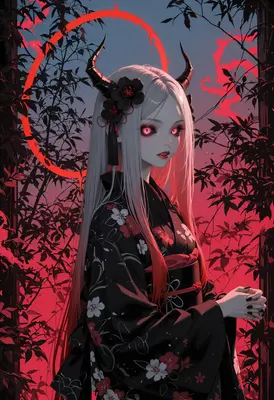 Demon Girl in Floral Kimono