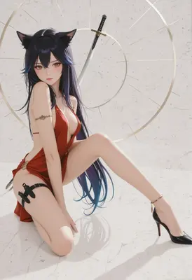 Cat Girl Warrior in Red Silk