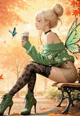 Autumn Fairy Enjoying Morning Coffee