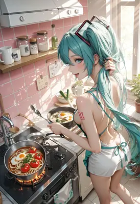 Miku Preparing a Sunny Kitchen Meal