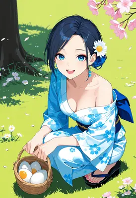 Springtime Picnic in Blue Kimono