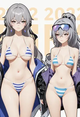 Silver Haired Duo in Striped Bikinis