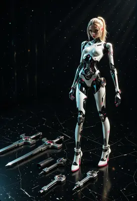 Cybernetic Warrior Standing Among Tech Blades
