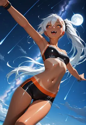 Energetic Tan Girl Under Falling Stars