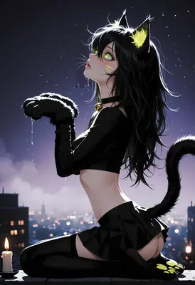Midnight Cat Girl Rooftop Gaze