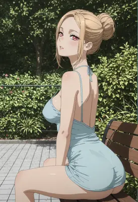 Blonde Beauty Resting on Park Bench