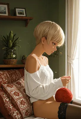 Quiet Afternoon Knitting by the Window