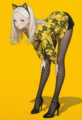 Blonde Cat Girl in Yellow Floral