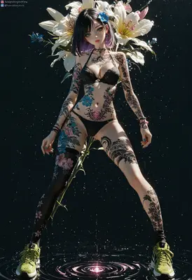Tattooed Muse Amidst Floral Bloom