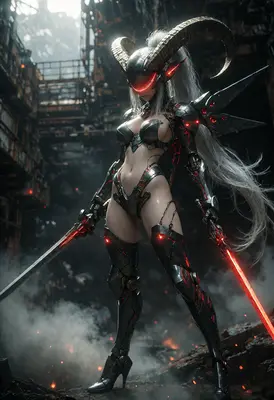 Cybernetic Demon Warrior with Glowing Blades