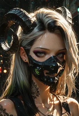 Cybernetic Demon Girl With Neon Mask
